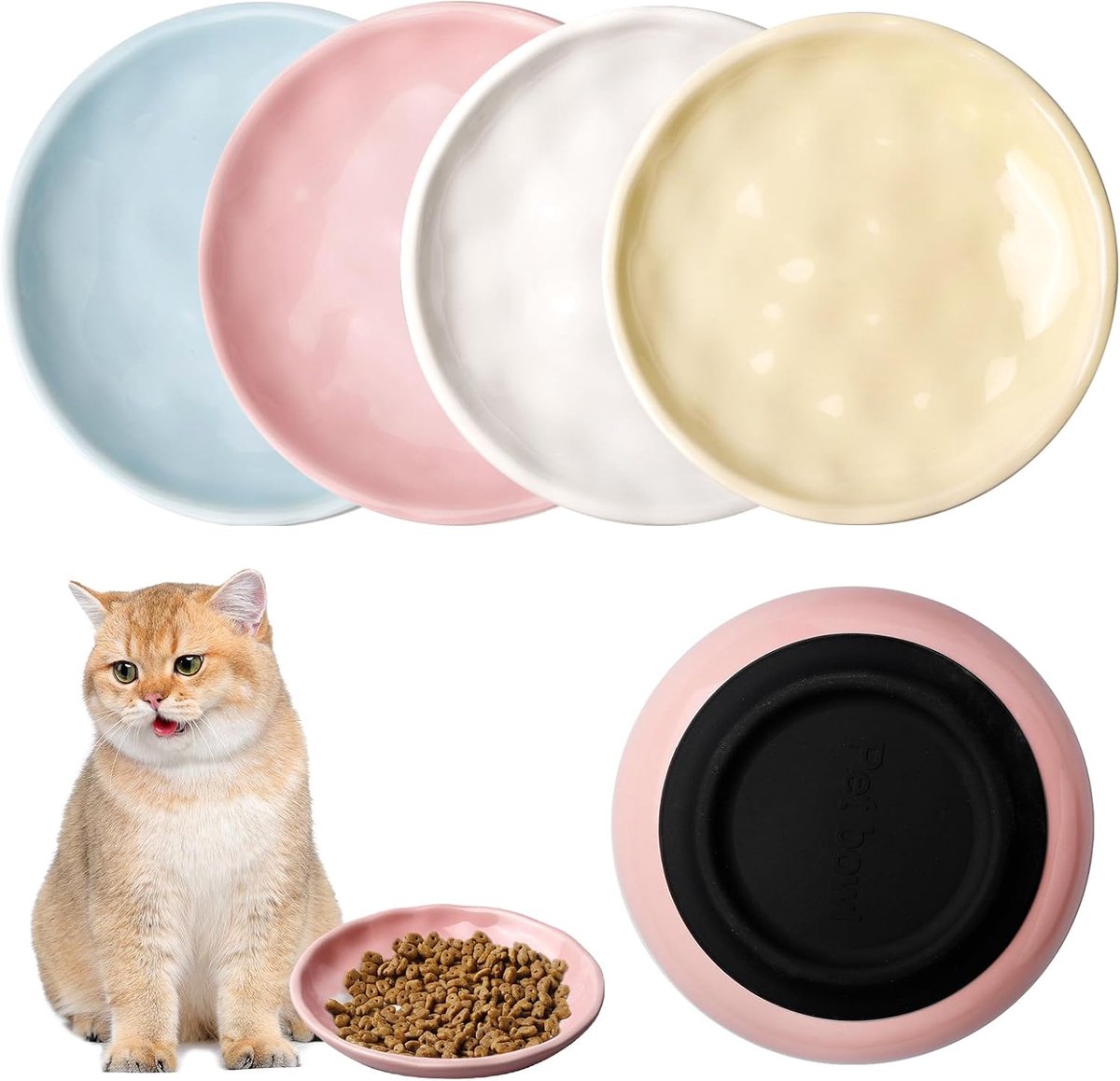 4 stuks keramische kattenbak, voederbak voor katten met antislip siliconen bodem, platte kattenbak, kattenbakken, diameter 15 cm, kattenbak, kattenbord voor huisdieren katten en puppy's