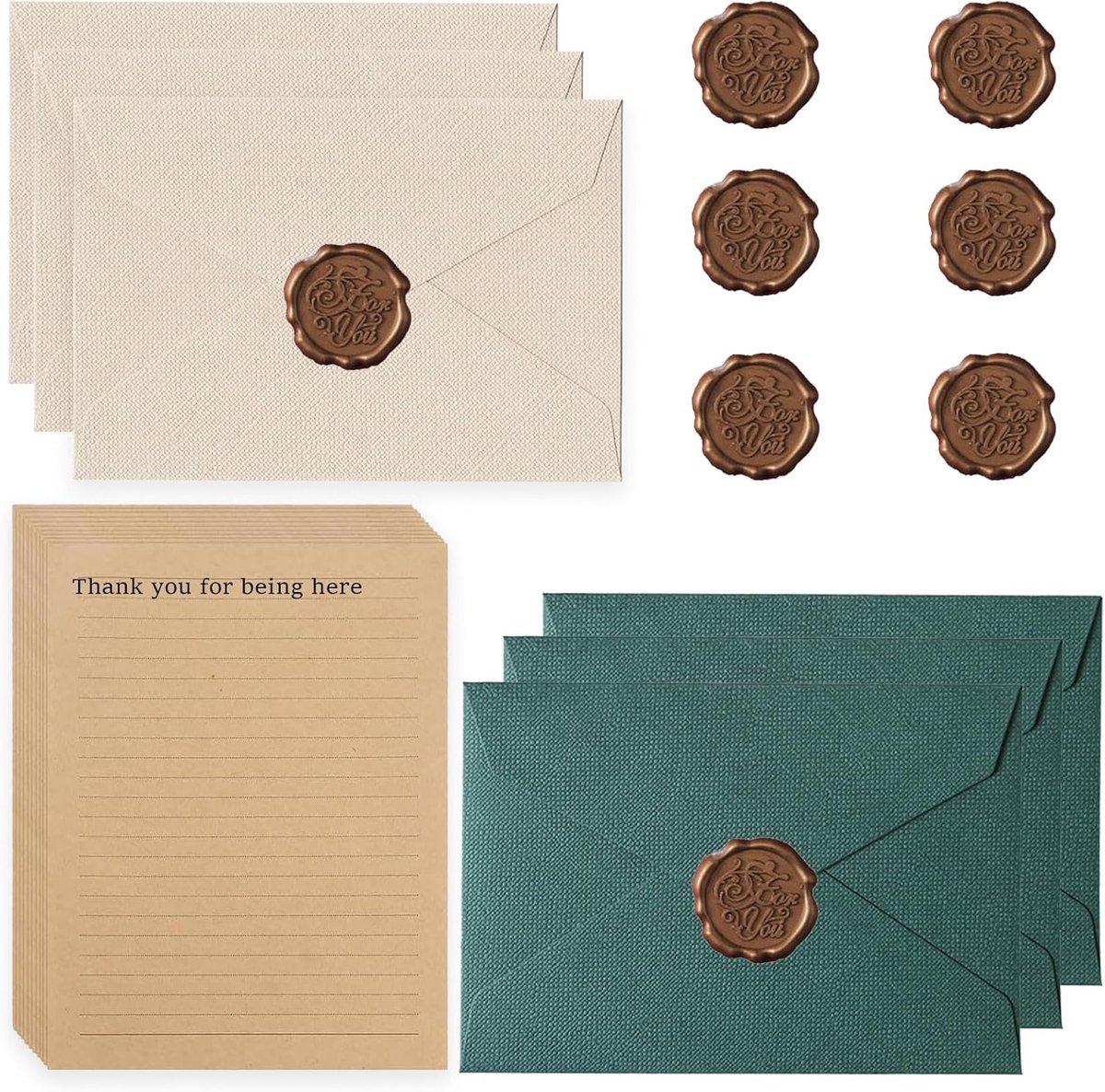 22 Vintage Briefpapier Met Envelop, 10 Klassieke Briefpapier, 6 Stickers, Waszegels, Elegant Voor Uitnodigingen Voor Bruiloft, Verjaardag (Groen)