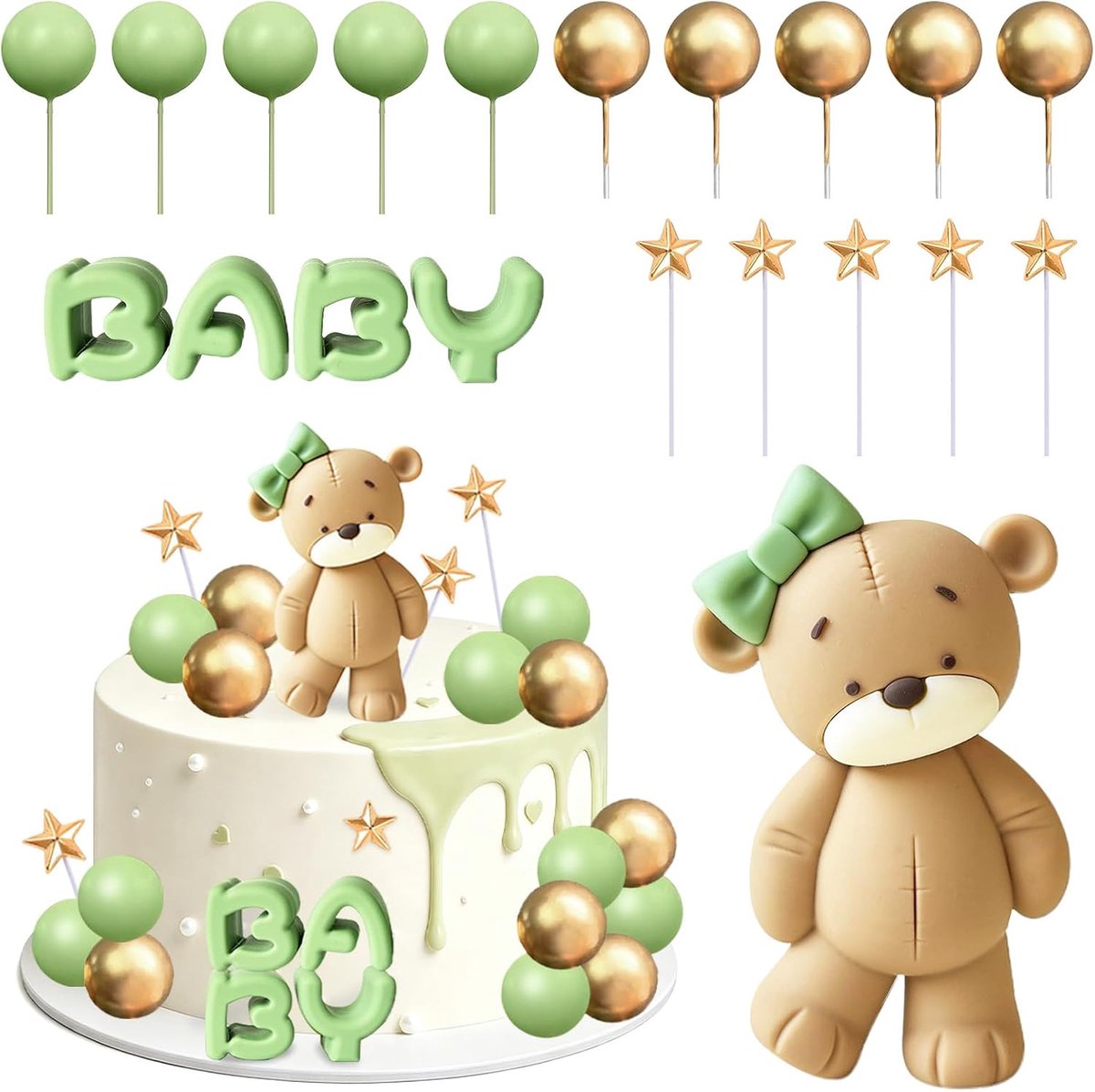 Taartdecoratieset met berenmotief, 17 stuks – Groene en gouden taartballen, babyletters en sterretjes. Geschikt voor babyshowers, doopfeesten en eerste verjaardagsfeestjes