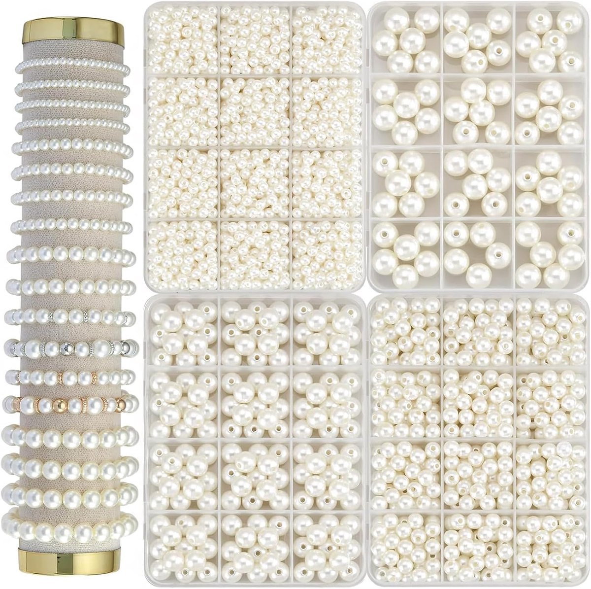 Parels om te knutselen | 4 Dozen Ronde Crèmekleurige Losse Parels, 4 Maten (4mm 6mm 8mm 10mm), Sieradenparels | Parelset met aparte opbergdozen voor DIY sieradenproductie
