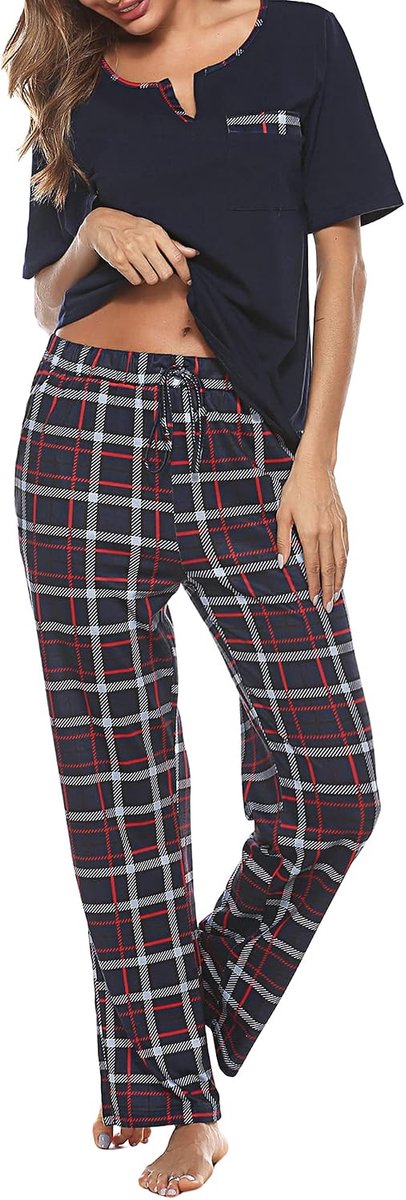 Pyjama voor dames, lang, geruit, korte mouwen, pyjamaset katoen, nachtkleding, blauw, M