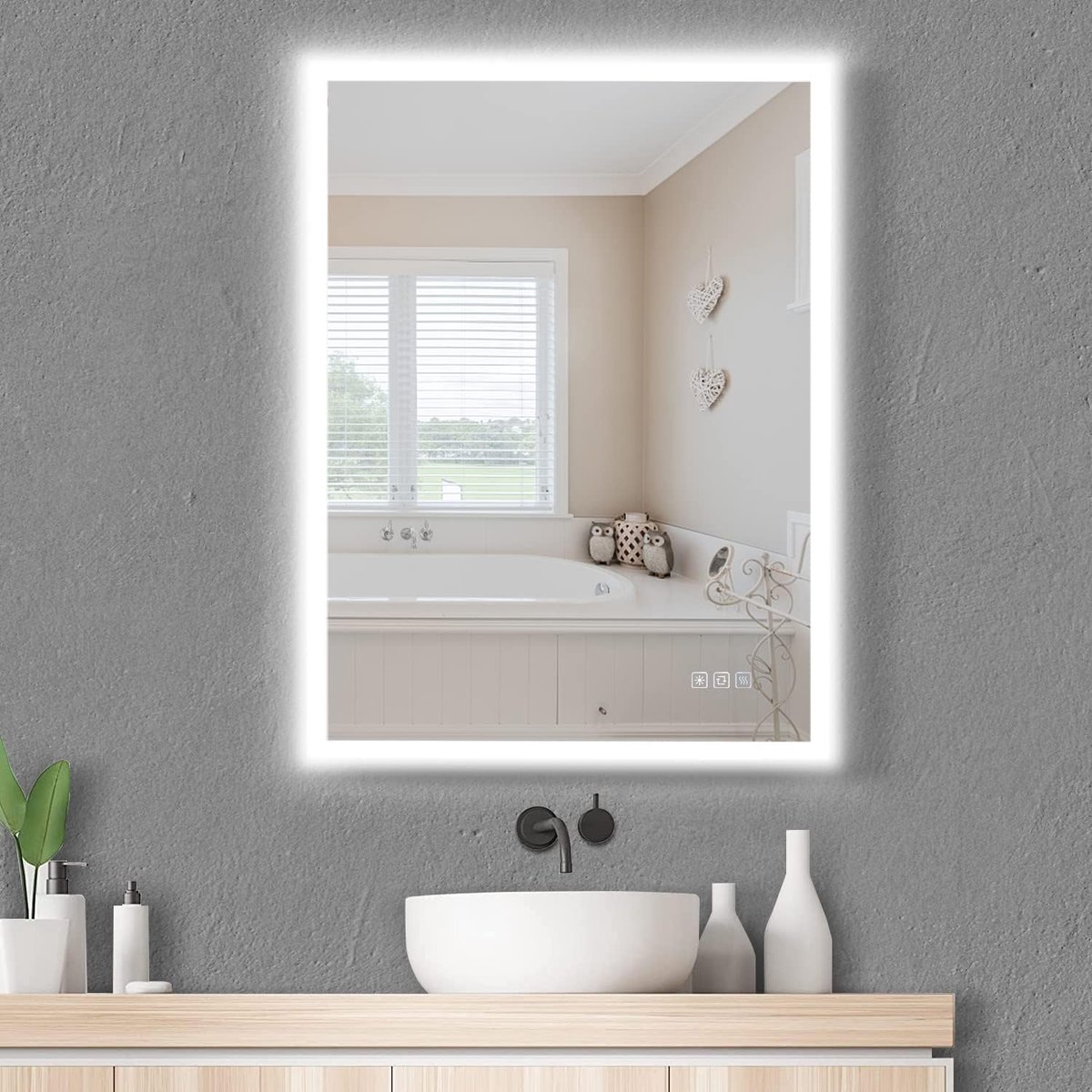 SnelShoppen - Verlicht Badkamer Spiegel met Verlichting 60x45 cm Wandspiegel Dimbaar met 3 Kleuren, Anti-Fog, Touch Button en Geheugenfunctie