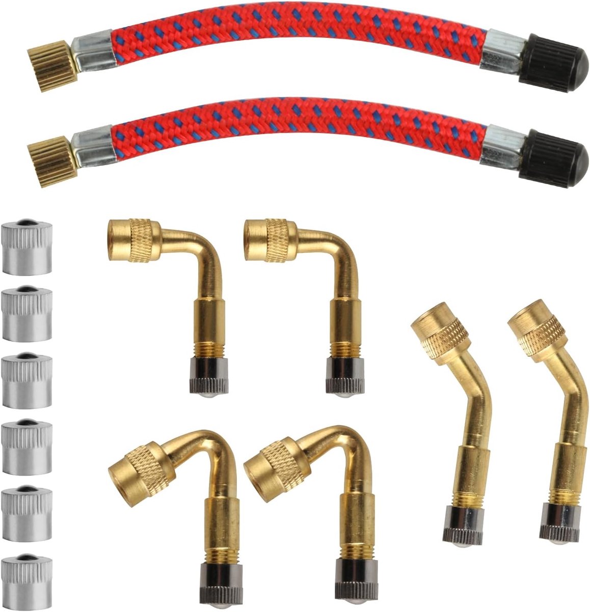 Ventielverlenging, set van 14 stuks, 6 x 45°, 90°, 135°, autoventieladapter, hoekventiel, ventieladapter, 2x 10cm flexibele bandenventielverlengingen, 6 metalen doppen, voor auto, motorfiets, fiets