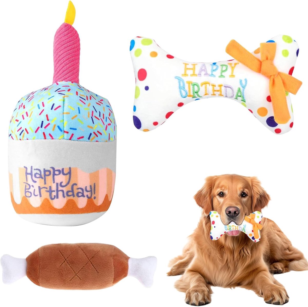 3 stuks hondentaartjes, verjaardagsspeelgoedset, puppyspeelgoed, piepend pluche dier, puppyaccessoires, verjaardagsbot, hondenspeelgoed, verjaardagsfeestaccessoires, hondenspeelgoed