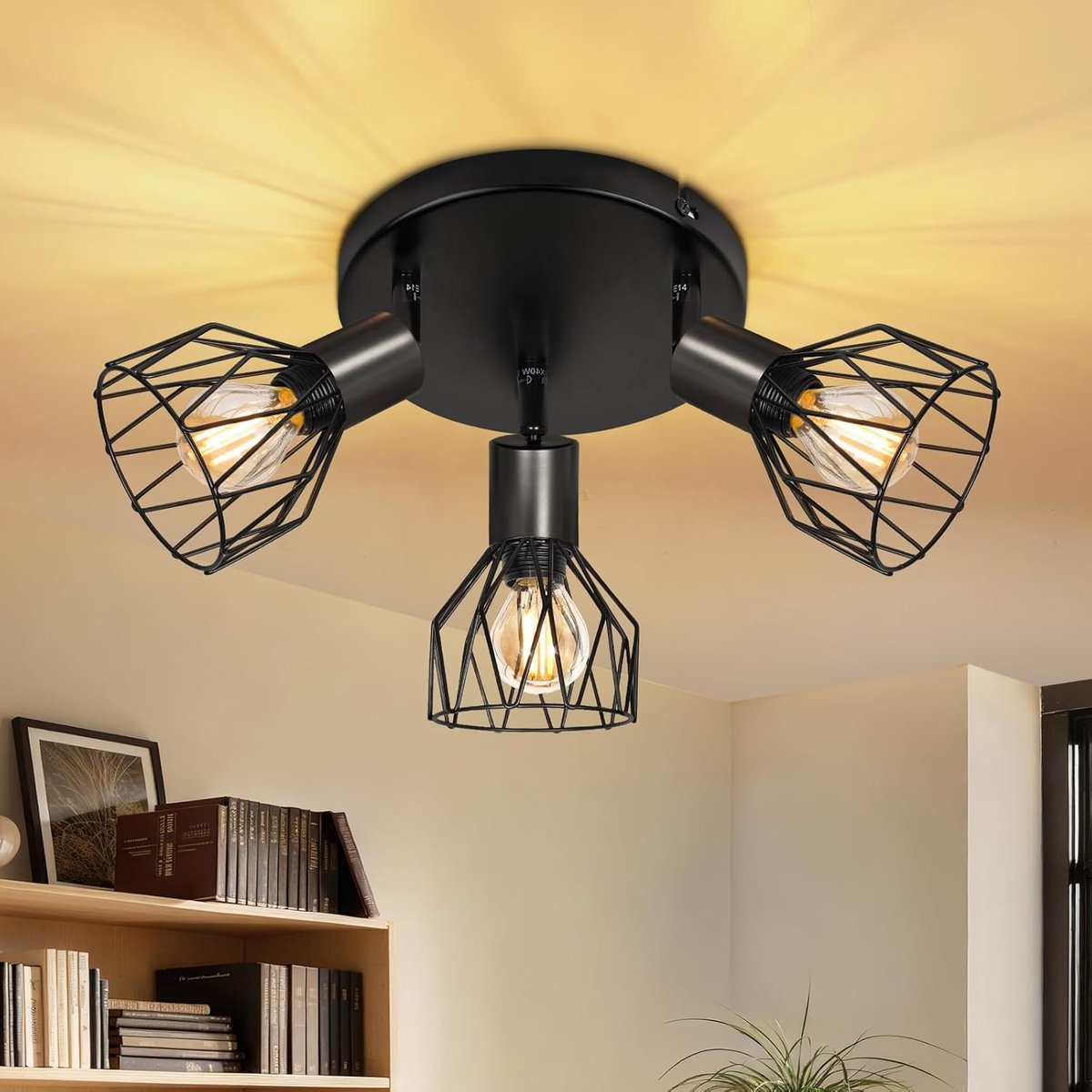 Plafondlamp, draaibaar, met fitting E14, retrostijl, plafondspots, led-plafondlamp, keuken, 3 spots, zwart, industriële plafondlamp voor keuken, slaapkamer, woonkamer, zonder lampen