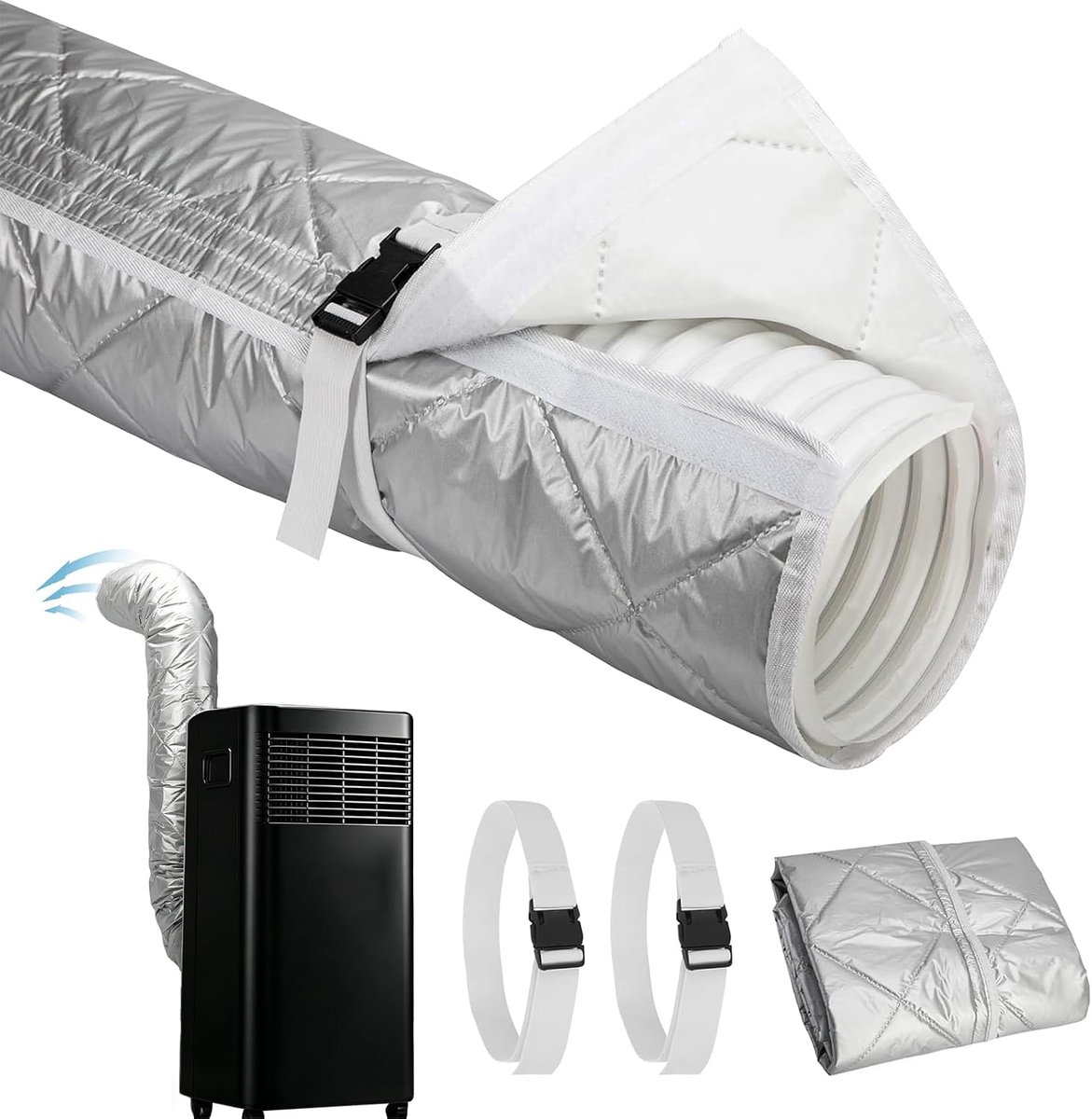 Slangafdekking voor airconditioning, 150 x 50 cm, isolatieslang, hittebescherming, afvoerslang, mantel voor draagbare airconditioners, thermische isolatie en beschermhoes, zilver,