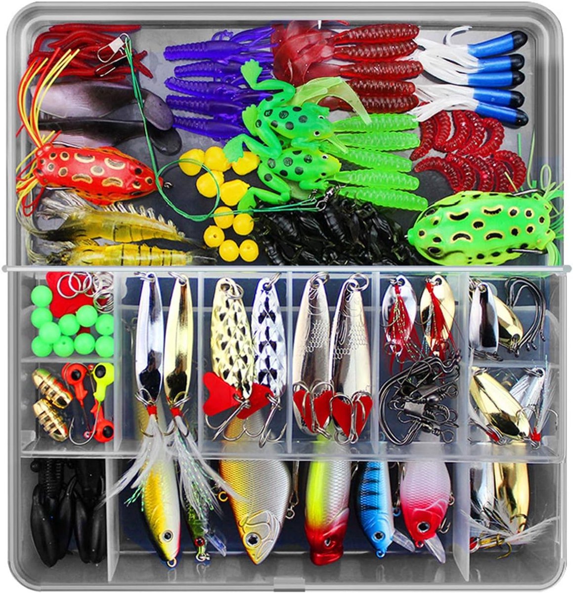 Kunstaasset kunstaas rubberen vissen vissen met visuitrusting box - vrije tijd visaccessoires kit inclusief vishaken, wormen, kikkers, snoekaas, forelaas en andere accessoires