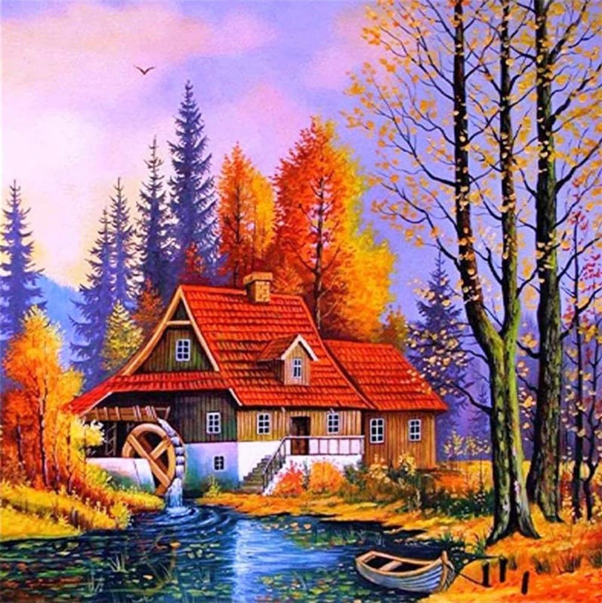 Kruissteek Sets 11 Count Gestempeld, Herfstlandschap Huis Villa Meer Borduurset met Accessoires Voorgedrukt (50CMx50CM) (Herfst)