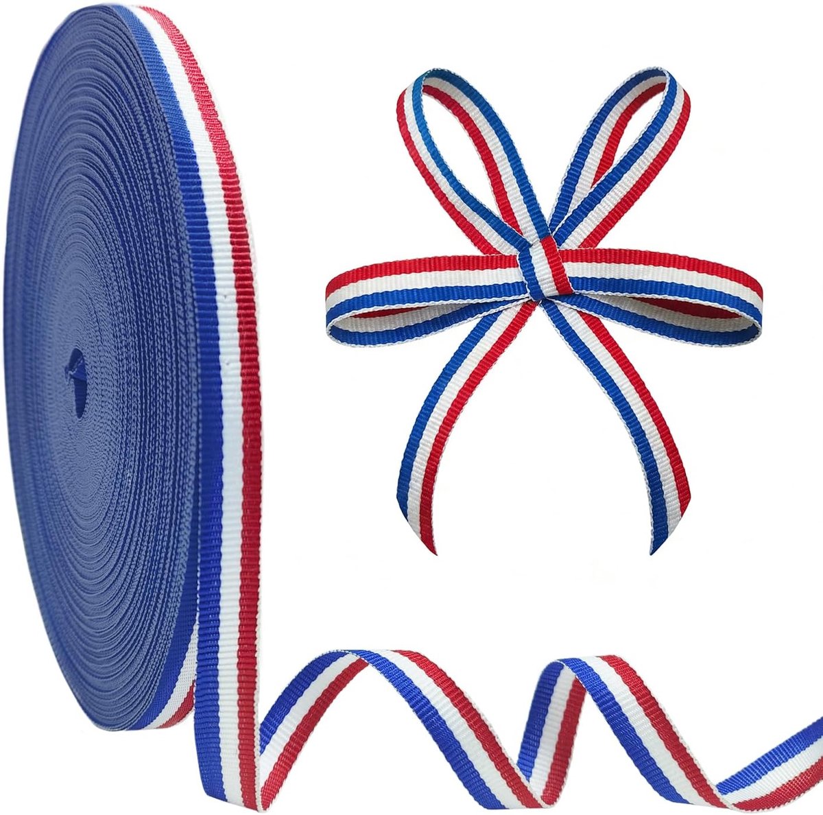 Wit Blauw Gestreept Grosgrain Lint - 10 mm × 50 m, Blauw Verspreid