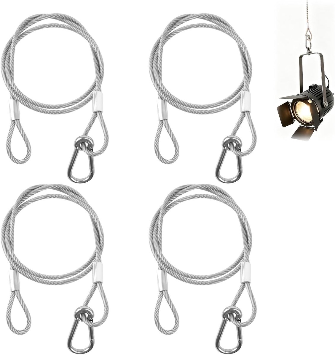 4 veiligheidskabels van staal, 85 cm, podiumverlichting, kabel, veiligheidsslinger voor podiumverlichting, veiligheidskabel, bevestigingshaak voor dj-projector, truss en lichtbrug