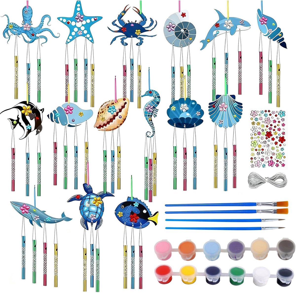 aupawdy 15 stuks zeedieren windspel knutselset voor kinderen, houten klankspel, knutselen, knutselhandwerk, kinderverjaardag, klankspel, houten knutselsets, decoratie, voor meisjes en jongens