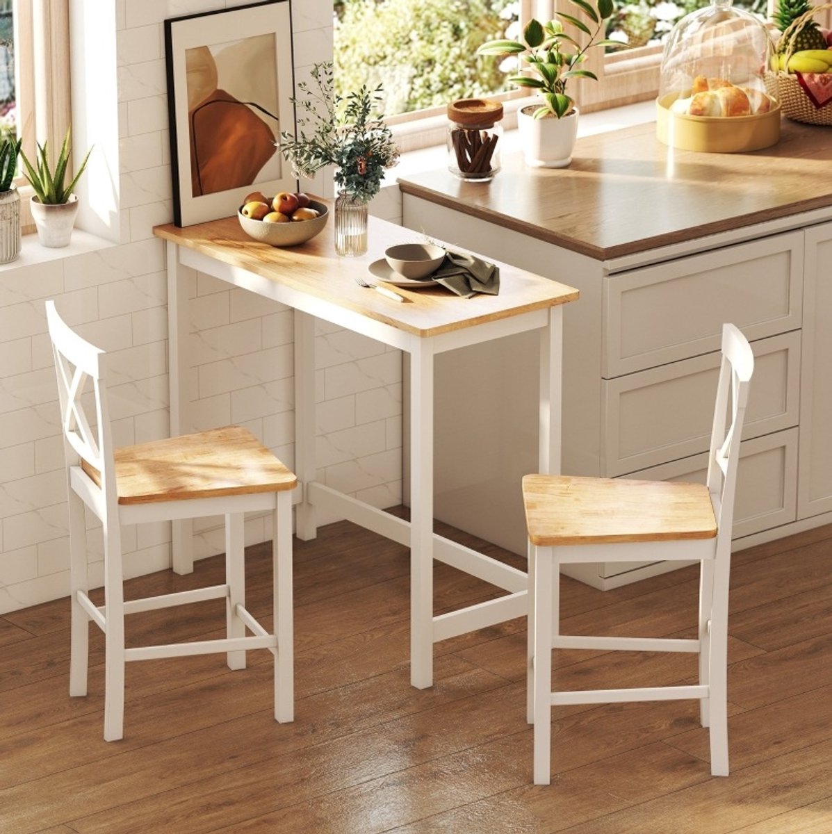 COVREO Bartafel 108x48x91 cm eikenlook wit, van hout voor 2 personen