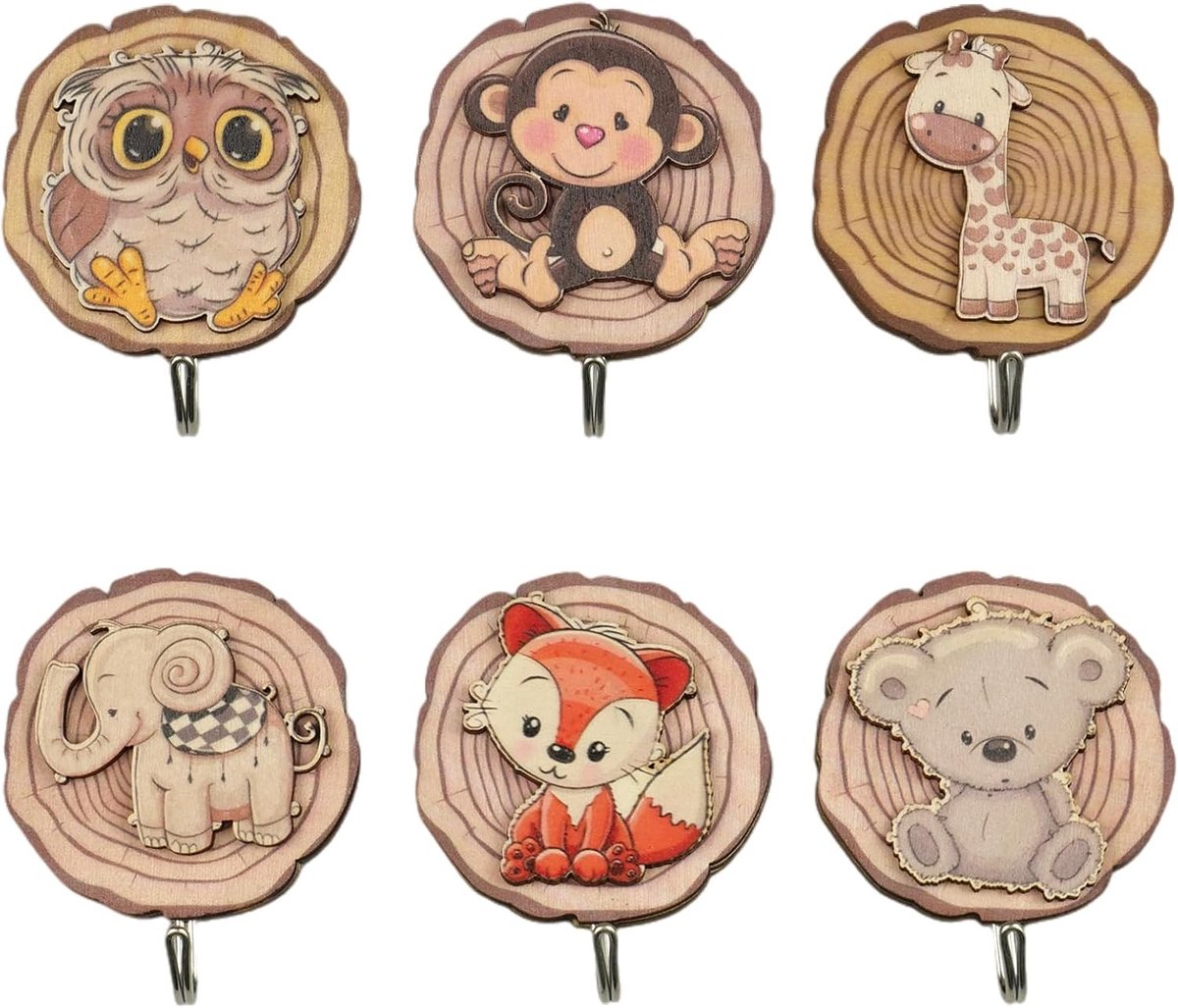 Allecta - Zelfklevende Kinderkledinghaken van Hout in Dierenvorm - Set van 6 - Garderobehaken Kinderen - Wanddecoratie - Dieren Thema