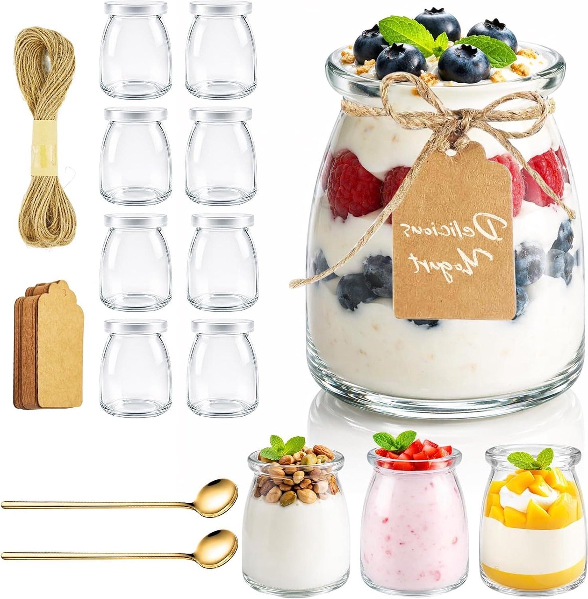Yoghurt Glazen - Dessert Potjes - Zelfgemaakte Desserts - Met Deksel en Lepel - 150 ml - Transparant
