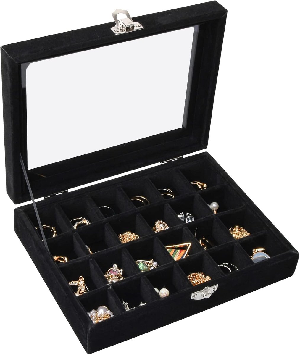 SnelShoppen - 24 vakken fluwelen sieradenlade, afneembare sieraden etui met compartimenten, doorzichtige deksel sieraden display tray voor ringhouders