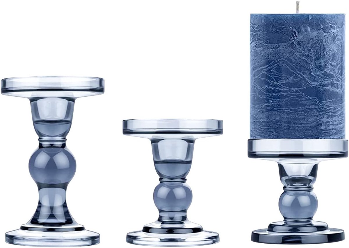 SnelShoppen - Set van 3 Glazen Kaarsenhouders - Pillar Kaarsenhouder - Taper Kaarsen Set - Kristal Blauw - Decoratie voor Thuis, Openhaard, Tafel, Bad