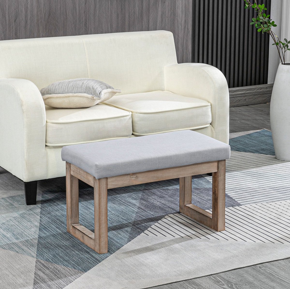 COVREO Voetenbankje 68x38x42 cm grijs, hout en stof met zachte zitting