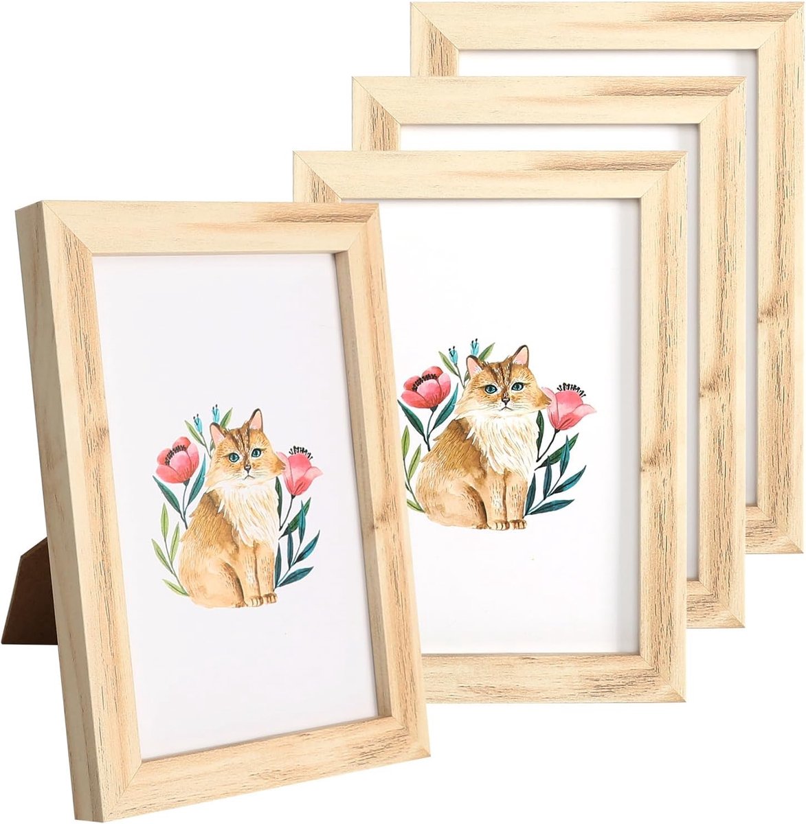 SnelShoppen - Set van 4 Houten Fotolijsten 10 x 15 cm - Kleine Fotolijsten voor Muurdecoratie of Tafelversiering - Originele Houtnerf - Duurzaam en St