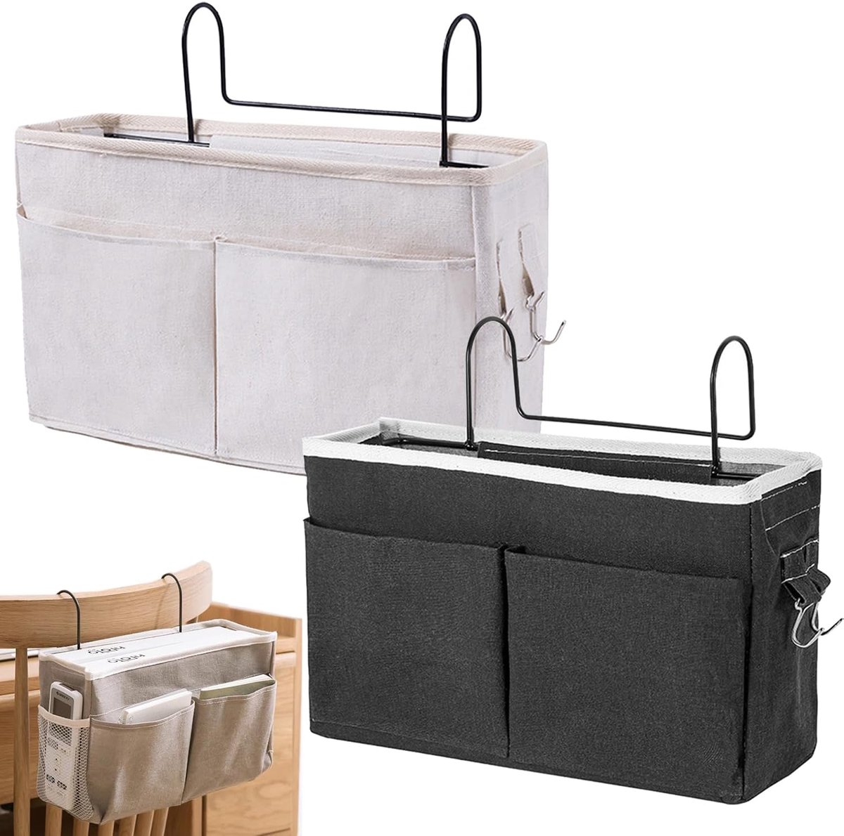 SnelShoppen - 2 Stuks Bedorganizer om Op te Hangen, Multifunctionele Bedtas voor Kantoor, Keuken en Slaapkamerbed, Zwart/Wit, Ideaal voor Opbergruimte