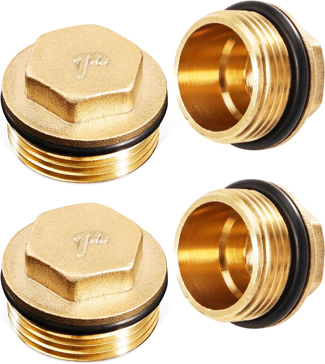 SnelShoppen - 4 Stuks Messing Stoppen met 1 Inch Mannelijke Draad, Eindkappen van Messing met Rubber Ring voor Radiatoren, Verwarmingssystemen en Wate