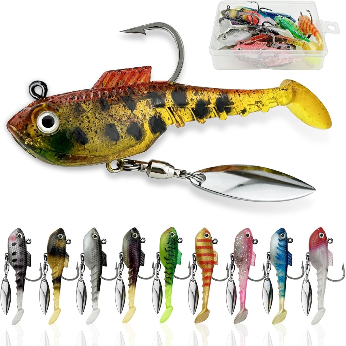 SnelShoppen - Pack van 10 Visaas Snoek Kaas Forel Bait met Spinner Blad voor Snoek, Baars, Snoekbaars, Zander, Zacht Vismateriaal in Kunststof Doos