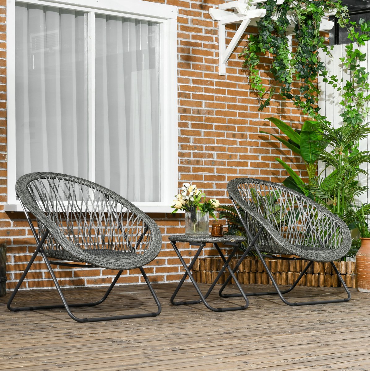 COVREO Tuinset grijs, kunstrattan en staal, 2 stoelen en ronde tafel