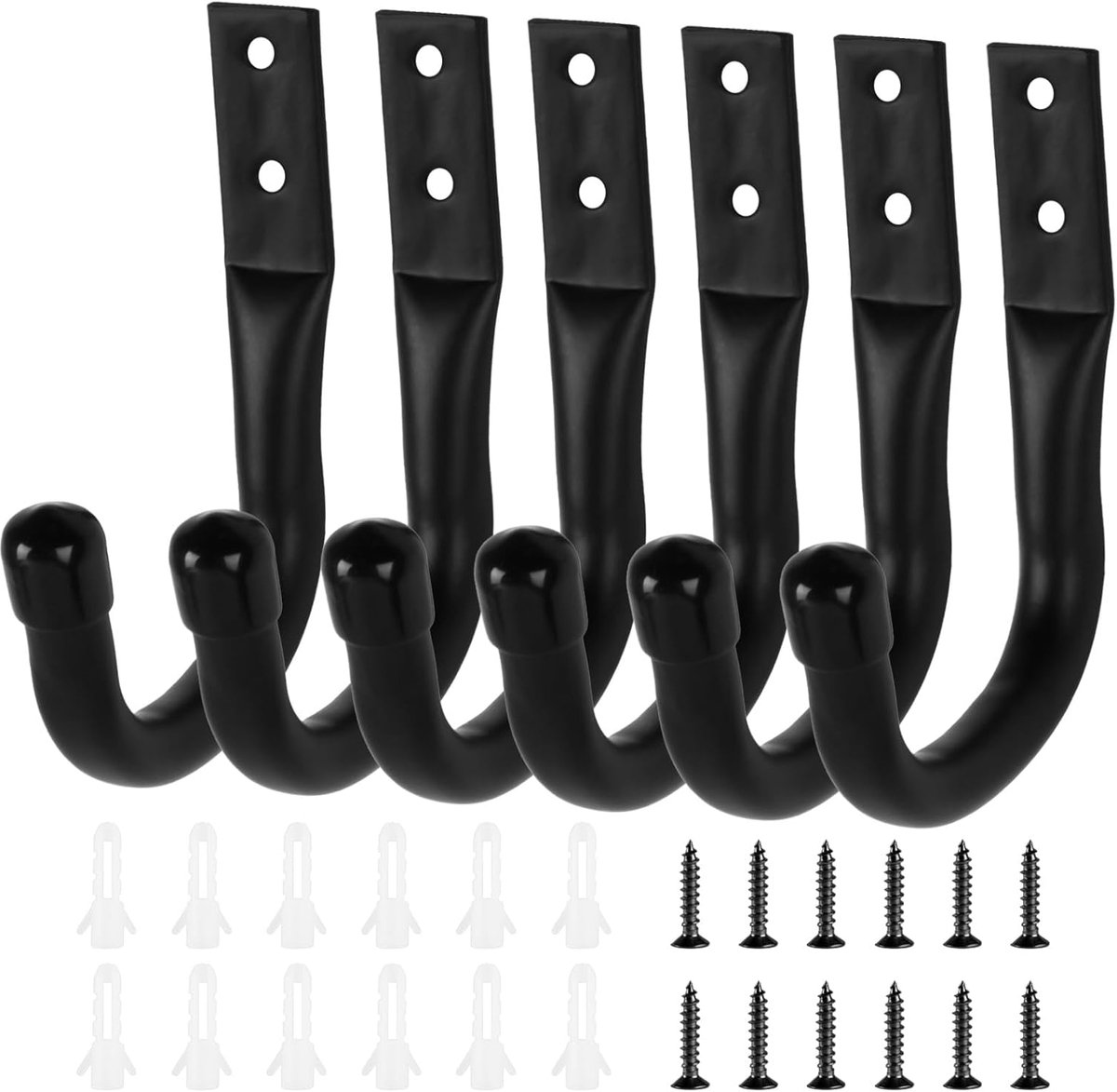 SnelShoppen - Pack van 6 Wandhaken, Garage Haken, Zware Haken, Ladderhaken, Robuuste J Haken voor Opslag van Gereedschap, Fiets, Wandmontage (Zwart)