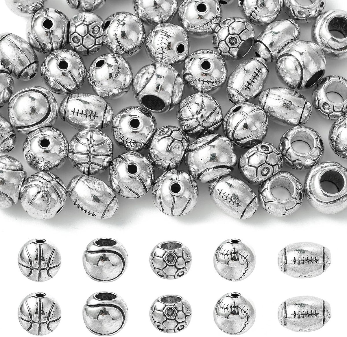 SnelShoppen - 50 Stuks Sport Beads in 5 Stijlen - Voetbal, Basketbal, Rond, Zilver, Spacer Beads voor Sieraad Maken, Armband Creaties en Knutselen