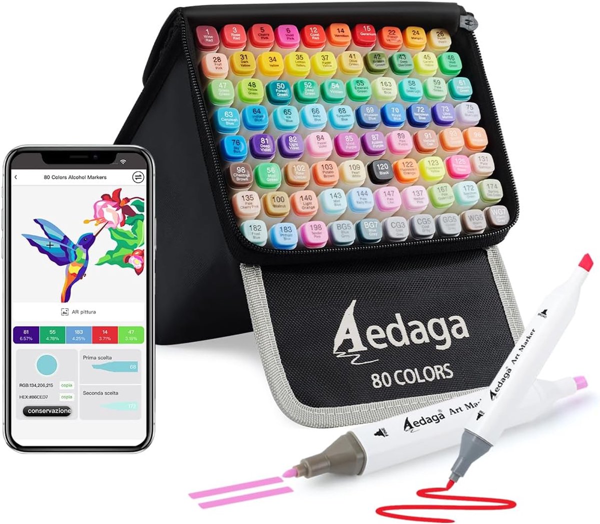 SnelShoppen - 80 Kleur Alcohol Markers met App Functies - Fijn & Chisel Punt - Potloodetui met Stand - Sneldrogend - Tekenmarkeerders voor Volwassenen