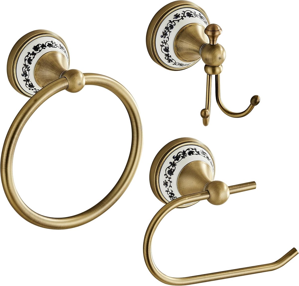Set van 3 badkameraccessoires met porselein antiek messing, toiletpapierhouder, handdoekring en dubbele haken, vintage set voor badkamer en toilet