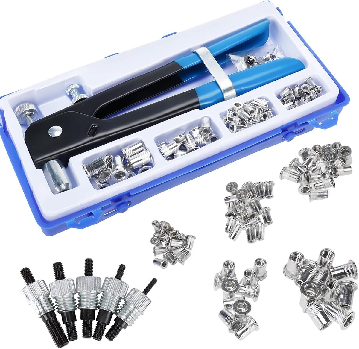 126 stuks klinkmachine voor schroefdraadinzetstukken, M3, M4, M5, M6, M8, klinkmachine, handmatige schroefdraadmoeren, tang klinkpistool met spindels voor reparatie van meubels, hangers