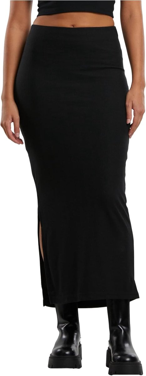 Classics Ladies Rib High Slit Skirt Lange rok zwart Basics