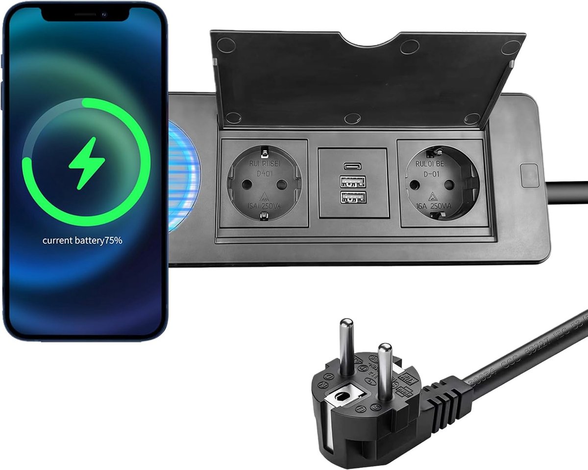 stopcontact USB C PD 20 W en 15 W draadloos opladen 2 stopcontacten inbouwstopcontact tafelblad voor kantoor keuken zwart 1,5 m kabel