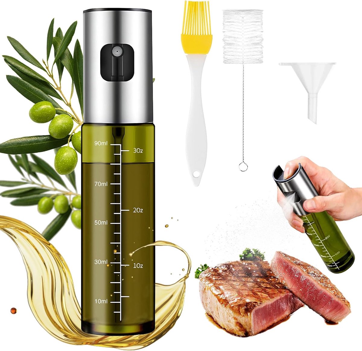 Olie en sproeier om te koken, groene UV-bescherming, glazen spuitfles, 100% BPA-vrij, keukenoliespray voor heteluchtfriteuse