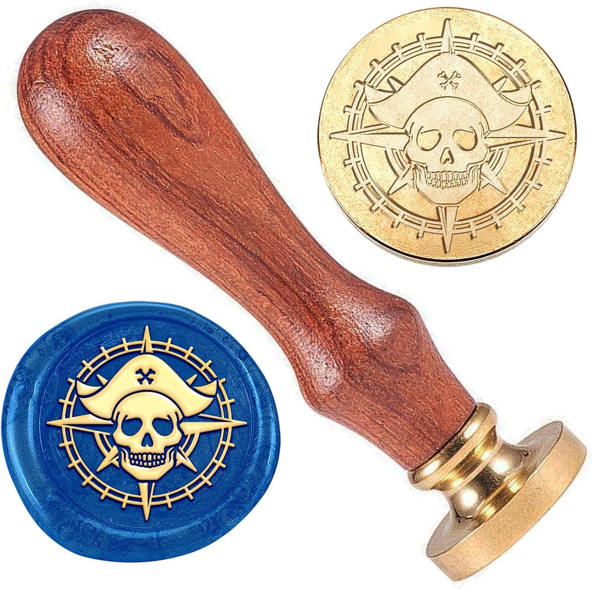 zegelstempel met piratenschedel vintage kompas messing | Halloween wasstempelset, met houten handvat, voor feestuitnodigingen, wijnpakketten, geschenkverpakkingen, kaartendecoratie