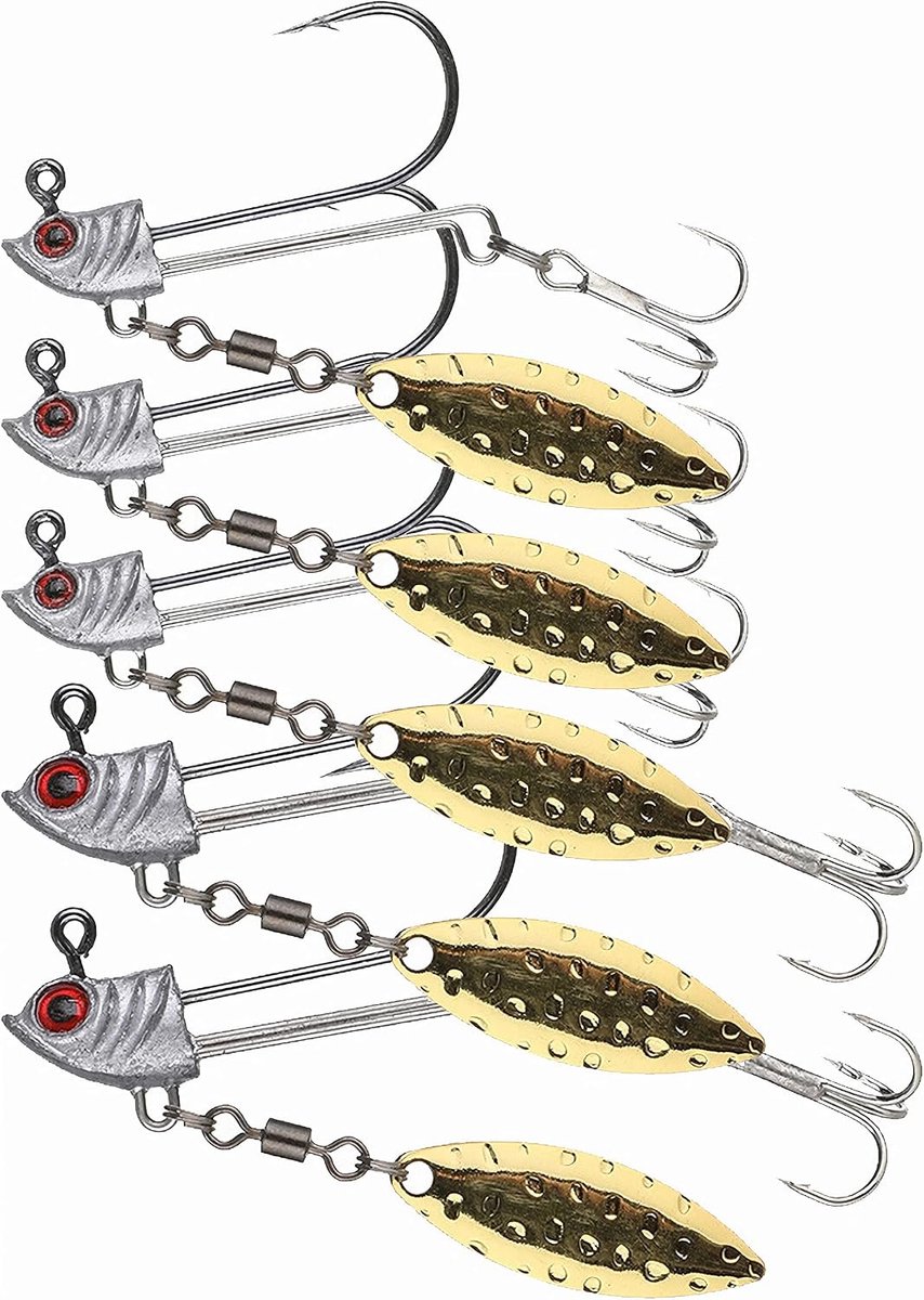 Jigkoppen met spinner, underspin jighead, loodkop met wilgenblad, jigkop vishaak gereedschapsset voor baars, snoek en snoekbaars
