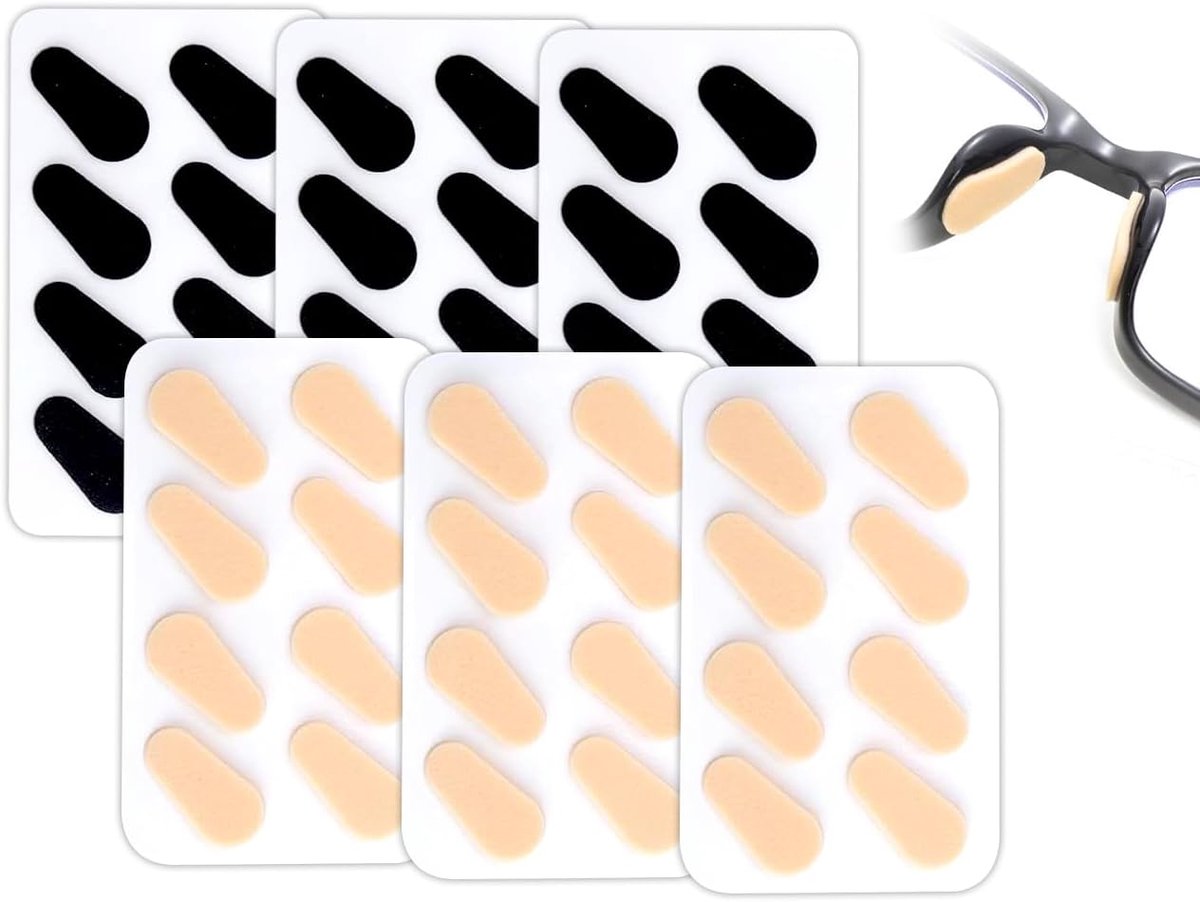 24 paar zachte schuimneuspads, antislip, zelfklevend, dun, voor brillen, zonnebrillen, neuspads (zwart en huidskleur, 1,0 mm), zwart en huidskleur, One size