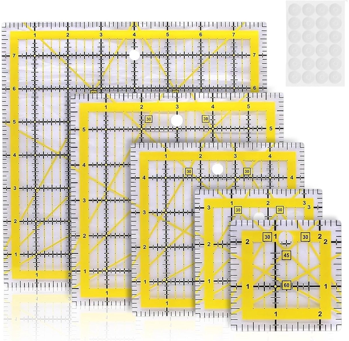 Linialen, patchwork Linea met 24 antislipstickers, naailiniaal, strijkliniaal, hittebestendig, voor stofhandwerk, doe-het-zelf (6,3 / 8,9 / 12,5 / 15,2 / 20,3 cm)