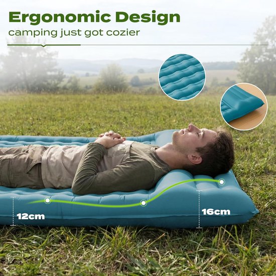 Campingslaapmat met Kussen, Waterdicht en scheurbestendig 50D nylon XXL Luchtmatras met ingebouwde voetpomp, blauwgroen, 196x135x12cm — afbeelding 2