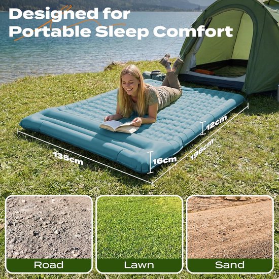 Campingslaapmat met Kussen, Waterdicht en scheurbestendig 50D nylon XXL Luchtmatras met ingebouwde voetpomp, blauwgroen, 196x135x12cm — afbeelding 3