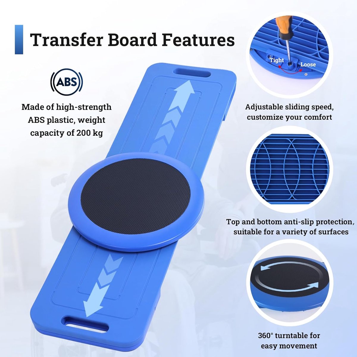 Transferplank van 90 cm met 360° verschuifbare draaischijf, transferbord voor senioren, de overdracht van rolstoel naar bed, naar toilet, badkuip, auto (blauw)