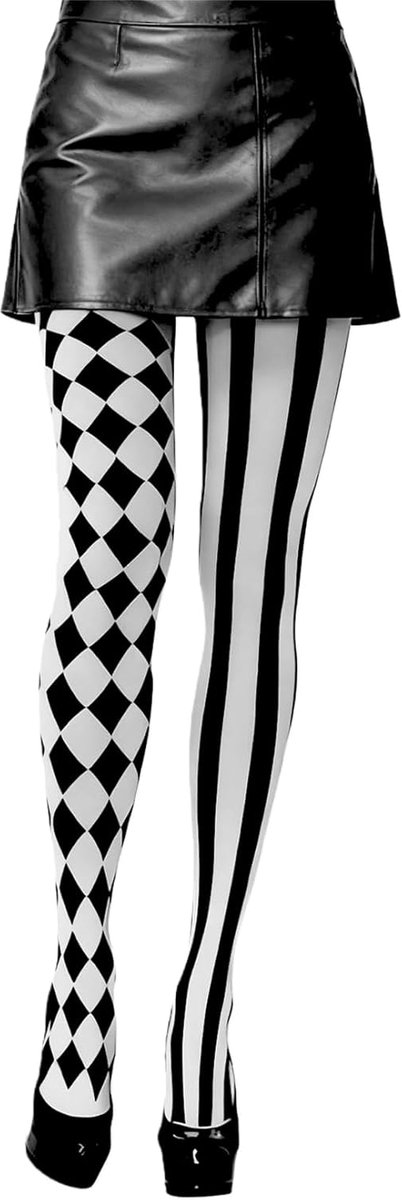 dames, carnaval circus harlekijn zwart wit kousen accessoires pantomime pierrot panty kostuum carnaval clowns overknee lange kous kostuums accessoires clowns clowns kleding broek voor