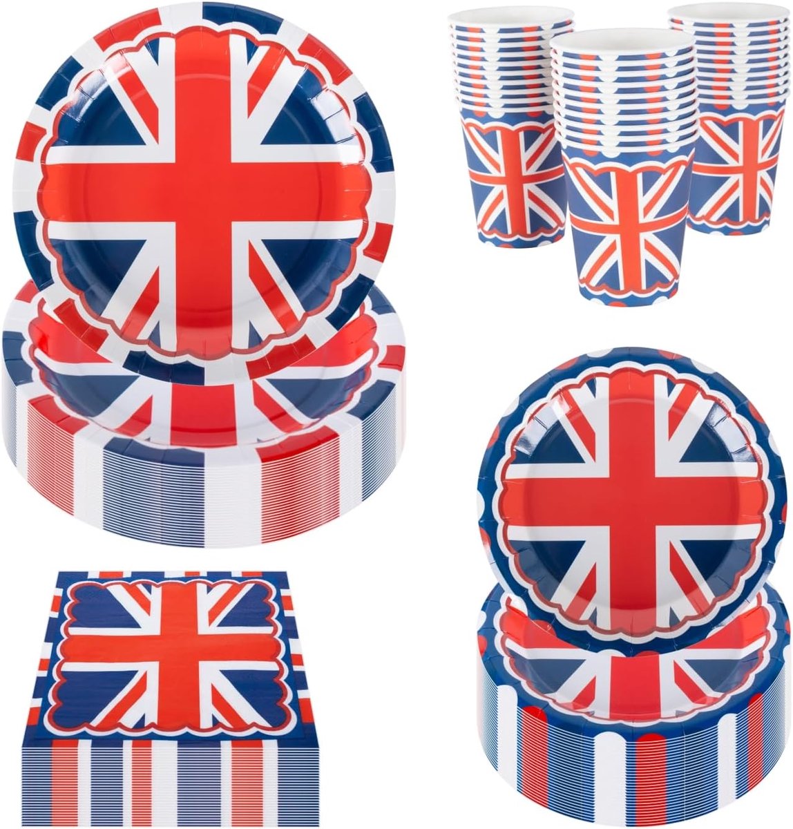 British Union Jack Party Set voor 30 gasten - 23cm & 18cm papieren borden, kopjes, servetten - VE Day, Royal Jubilee, UK sportevenementen, GB thema servies benodigdheden (Britse feestset)