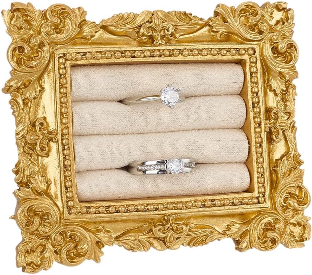 Vintage Ringhouder 101x82x23mm Rechthoekige Sieraden Ringen Display Frame 3 Sleuven Goud Hars Ring Stand met Antiek Wit Doek Binnen voor Ring Sieraden Organizer Fotografie Benodigdheden