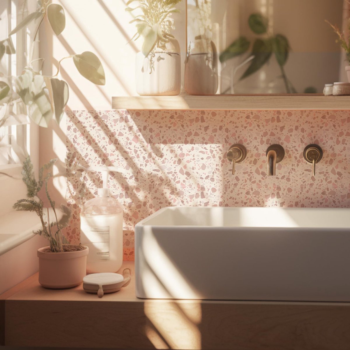 Tegelstickers, roze terrazzo, zelfklevend voor badkamer, keuken, spatwand voor fornuis
