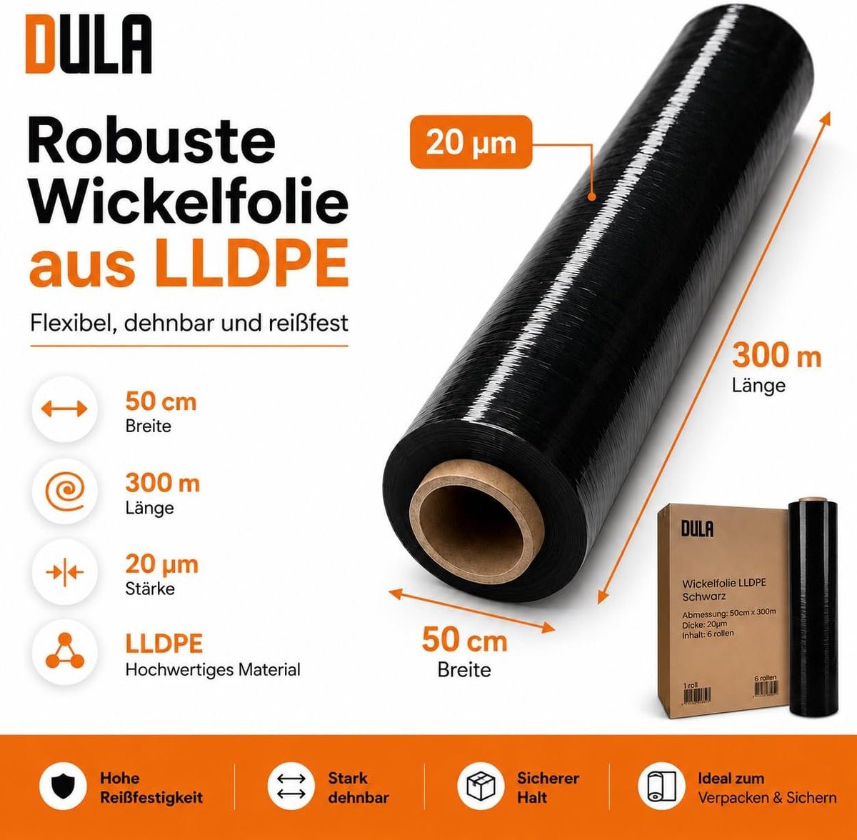 Wikkelfolie zwart- 6x krimpfolie 50cm x 300 meter - stretchfolie DULA folie