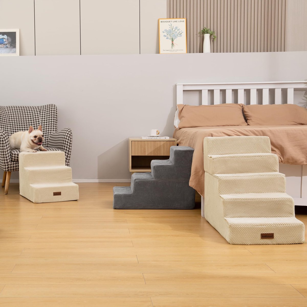 SnelShoppen - Hondentrap voor kleine honden, 3-traps antislip huisdiertrap voor hoge bedden en banken, hondenbedtrap, grijs, ideaal voor kleine honden