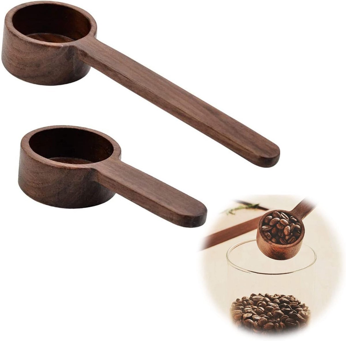 2 stuks walnoot houten koffielepels, koffiemaatlepels, keukenmes voor koffie, gereedschap maatlepel voor meel/theebladeren/koffiebonen/snoep/kruiden (8 g & 10 g capaciteit)