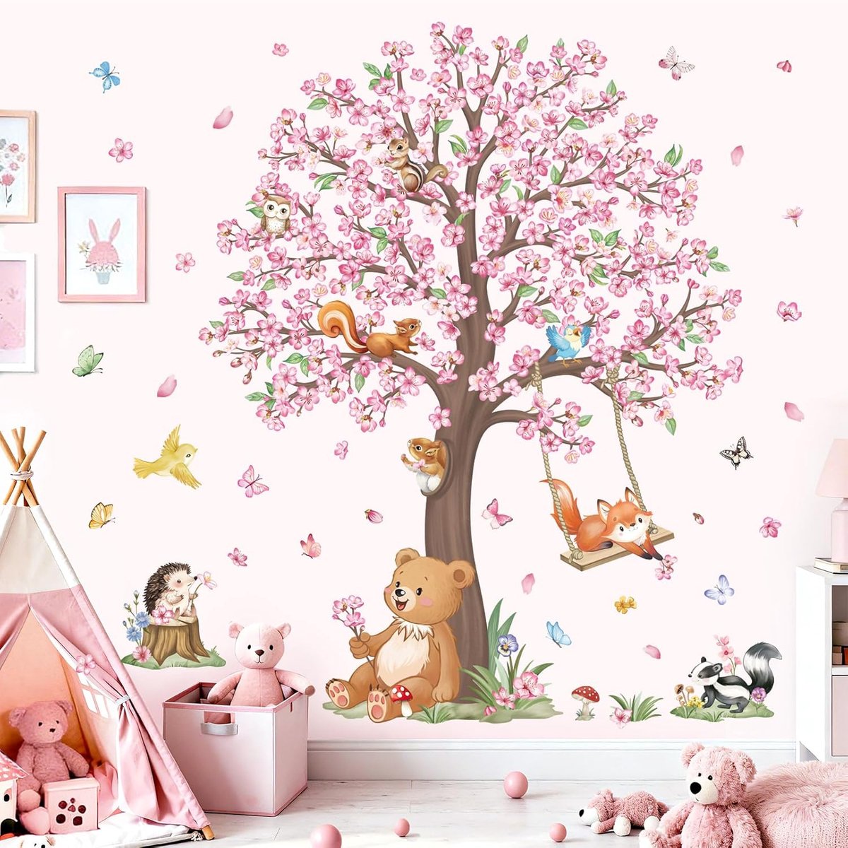 Muurstickers kersenbloesem beer vos schil en stok muur kunst stickers voor meisjes slaapkamer kinderkamer baby kinderkamer