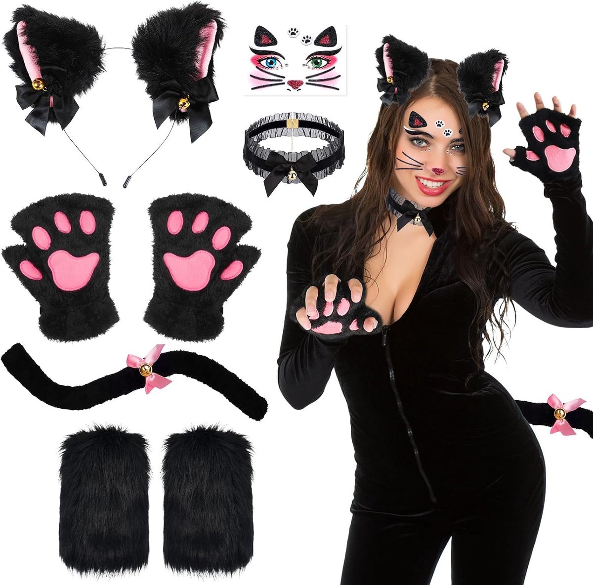 6 stuks kattenkostuum voor dames, pluche kattenkostuum, accessoireset met kattenoren, haarband, kattenpoten, handschoenen, beenwarmers, gezichtsstickers, halsketting, staart voor carnaval, Halloween